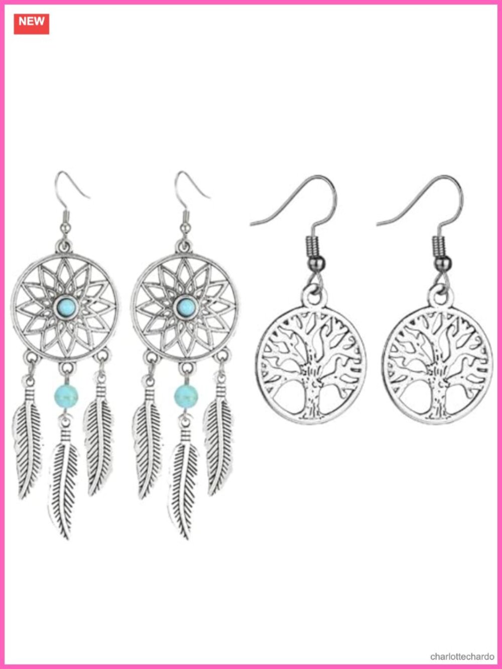 Dreamcatcher Tree of Life Dangle Earrings Silver-Tone Turquoise Beads